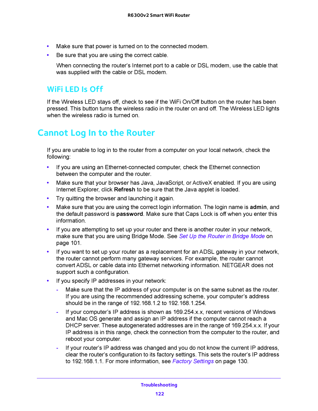 NETGEAR R6300v2 user manual Cannot Log In to the Router, WiFi LED Is Off 