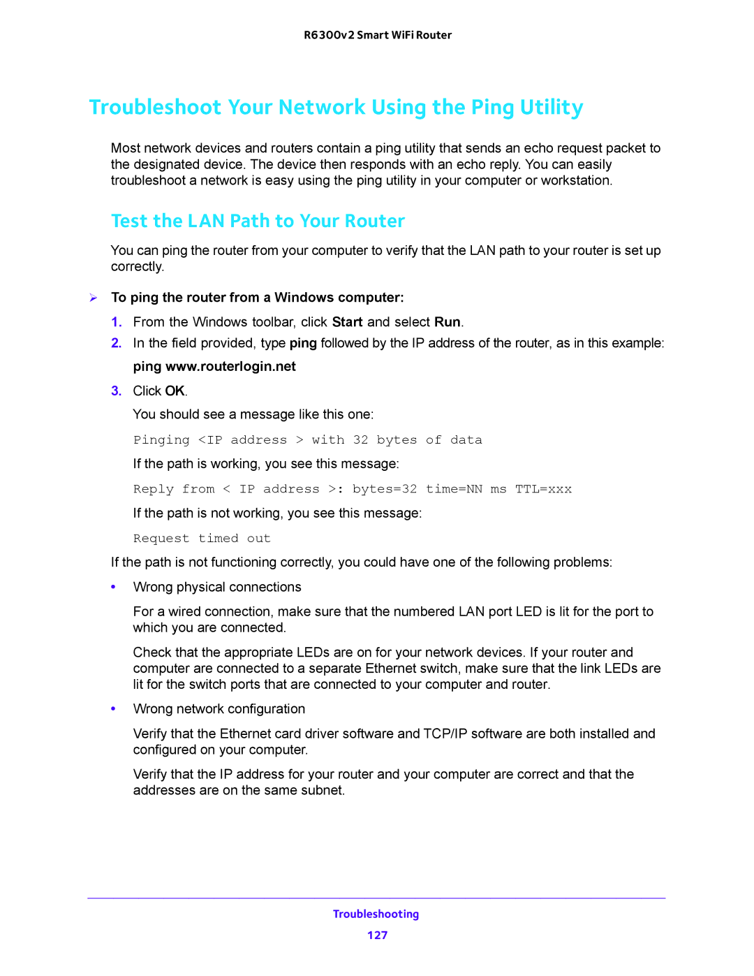 NETGEAR R6300v2 user manual Troubleshoot Your Network Using the Ping Utility, Test the LAN Path to Your Router 