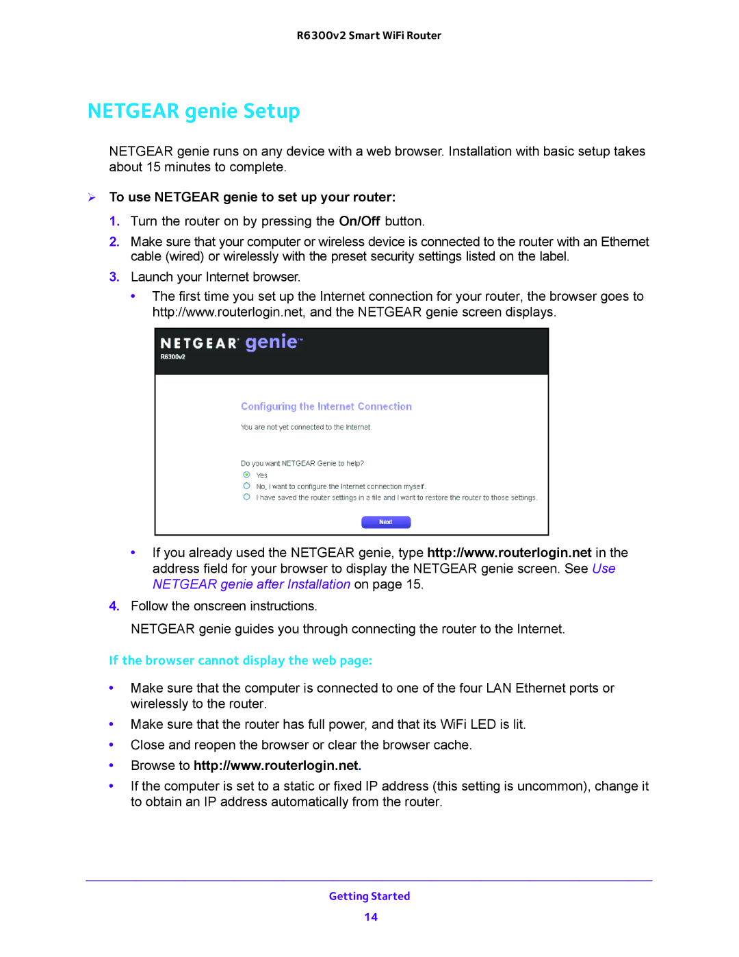 NETGEAR R6300v2 user manual Netgear genie Setup,  To use Netgear genie to set up your router 