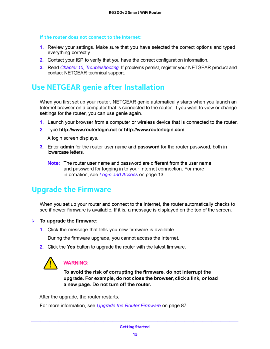 NETGEAR R6300v2 user manual Use Netgear genie after Installation, Upgrade the Firmware,  To upgrade the firmware 