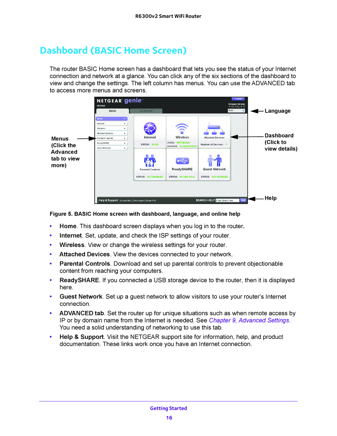 NETGEAR R6300v2 user manual Dashboard Basic Home Screen, Basic Home screen with dashboard, language, and online help 