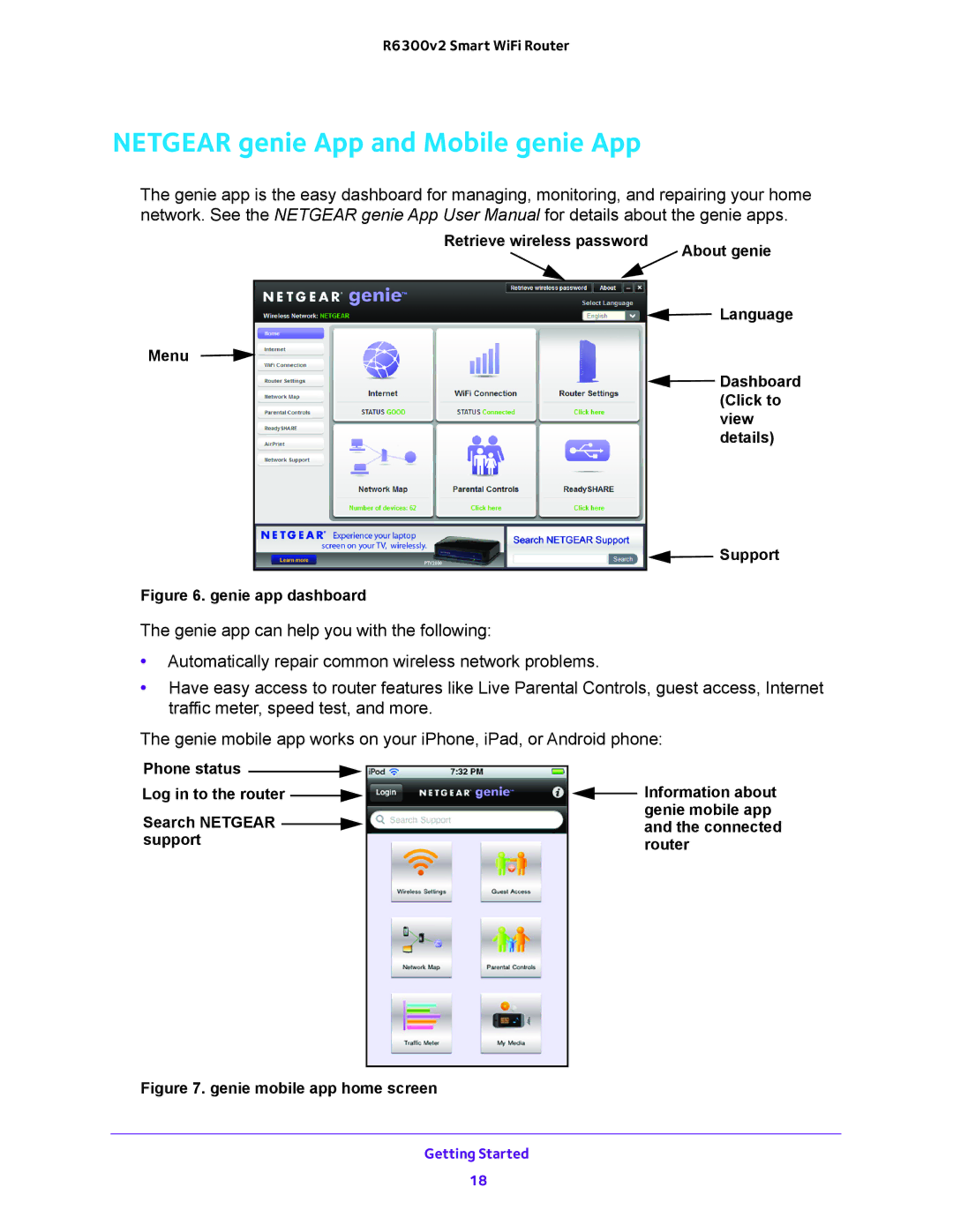 NETGEAR R6300v2 user manual Netgear genie App and Mobile genie App, Genie mobile app home screen 