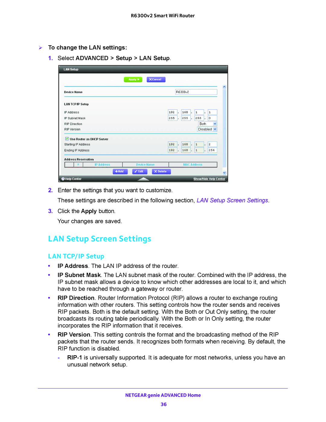 NETGEAR R6300v2 user manual LAN Setup Screen Settings,  To change the LAN settings Select Advanced Setup LAN Setup 