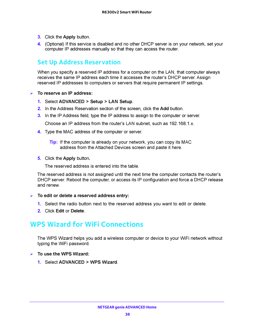 NETGEAR R6300v2 user manual WPS Wizard for WiFi Connections, Set Up Address Reservation 