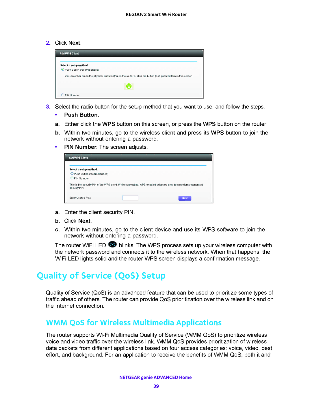 NETGEAR R6300v2 user manual Quality of Service QoS Setup, WMM QoS for Wireless Multimedia Applications, Push Button 