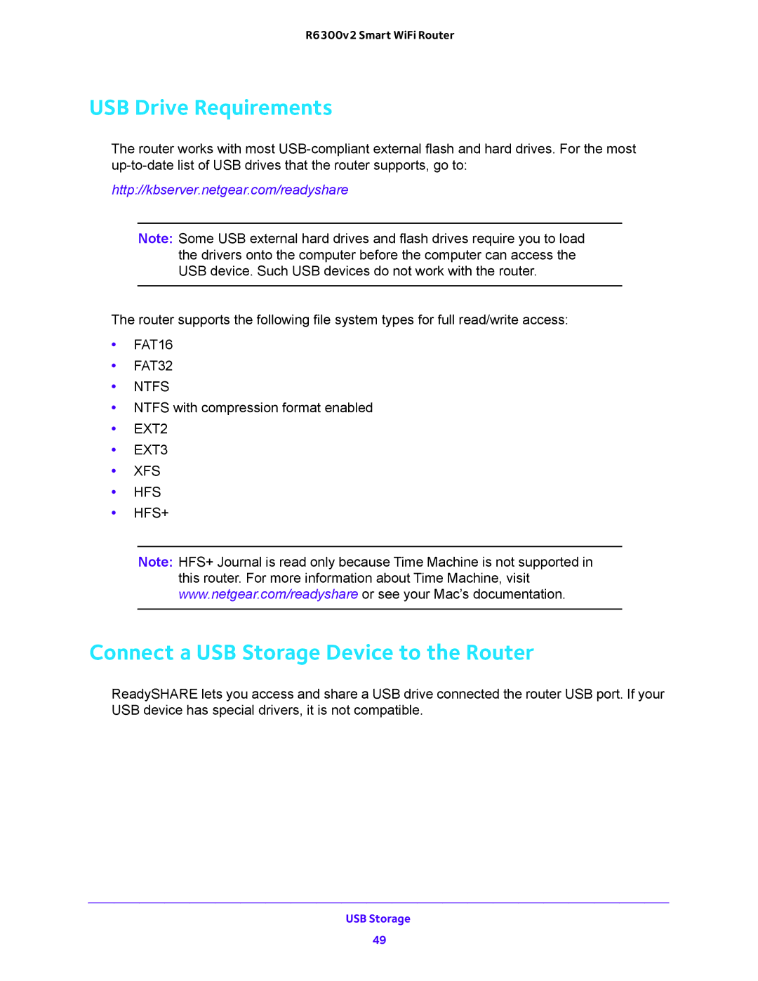 NETGEAR R6300v2 user manual USB Drive Requirements, Connect a USB Storage Device to the Router 