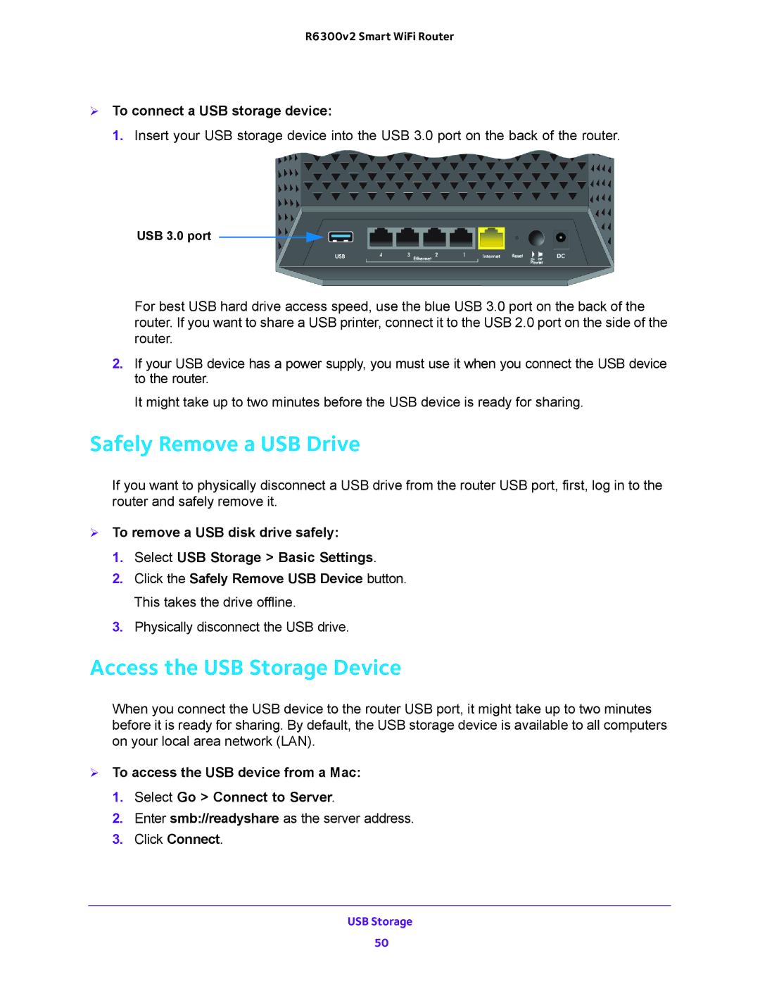 NETGEAR R6300v2 user manual Safely Remove a USB Drive, Access the USB Storage Device,  To connect a USB storage device 