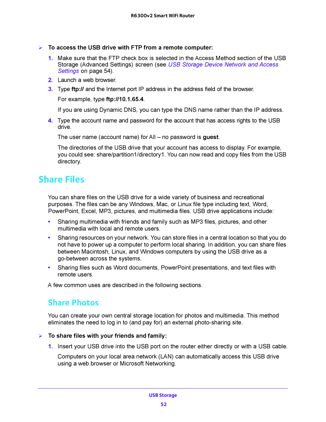 NETGEAR R6300v2 user manual Share Files, Share Photos,  To access the USB drive with FTP from a remote computer 