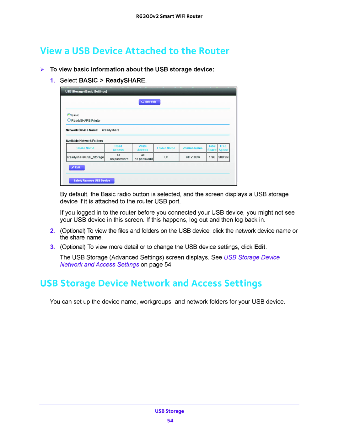 NETGEAR R6300v2 user manual View a USB Device Attached to the Router, USB Storage Device Network and Access Settings 