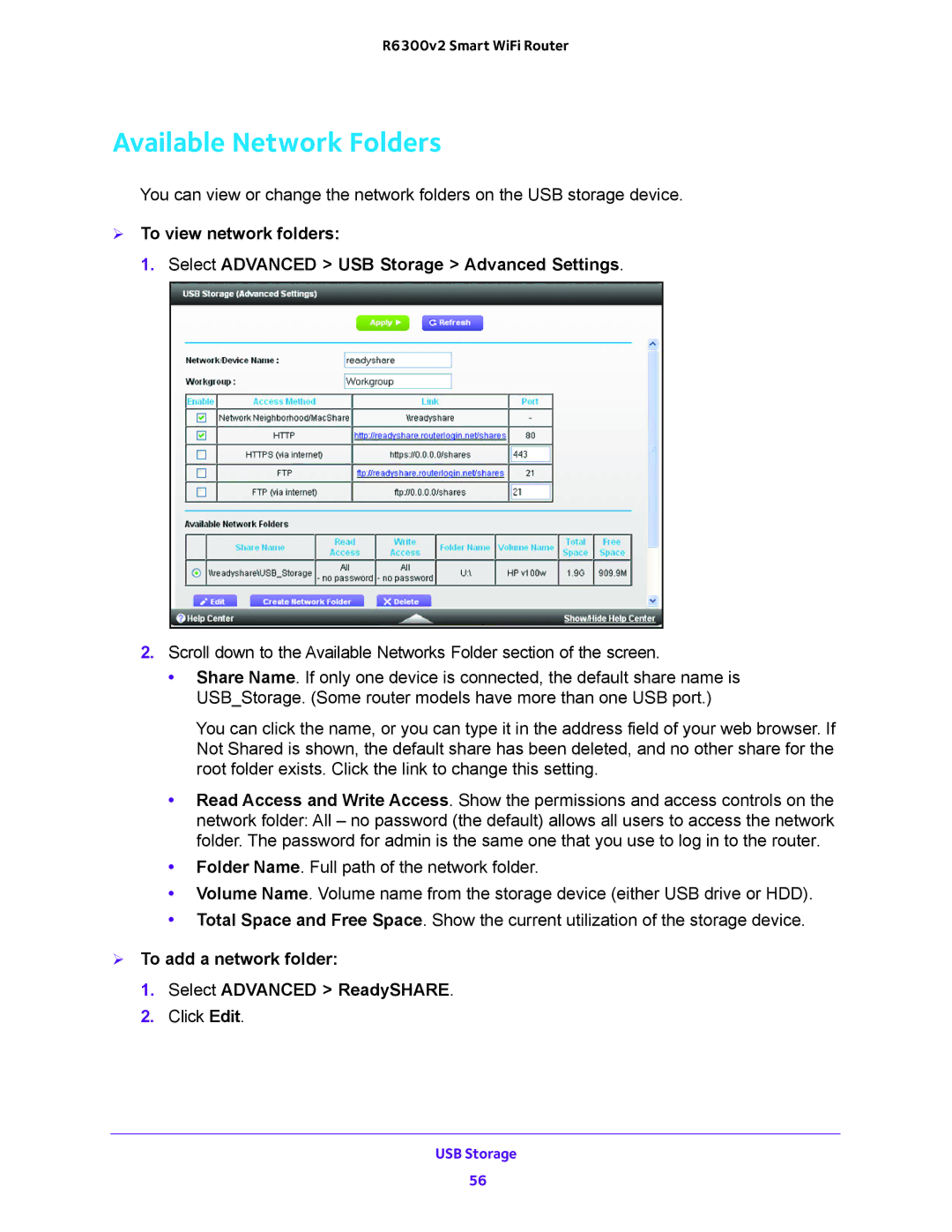 NETGEAR R6300v2 user manual Available Network Folders,  To add a network folder Select Advanced ReadySHARE 