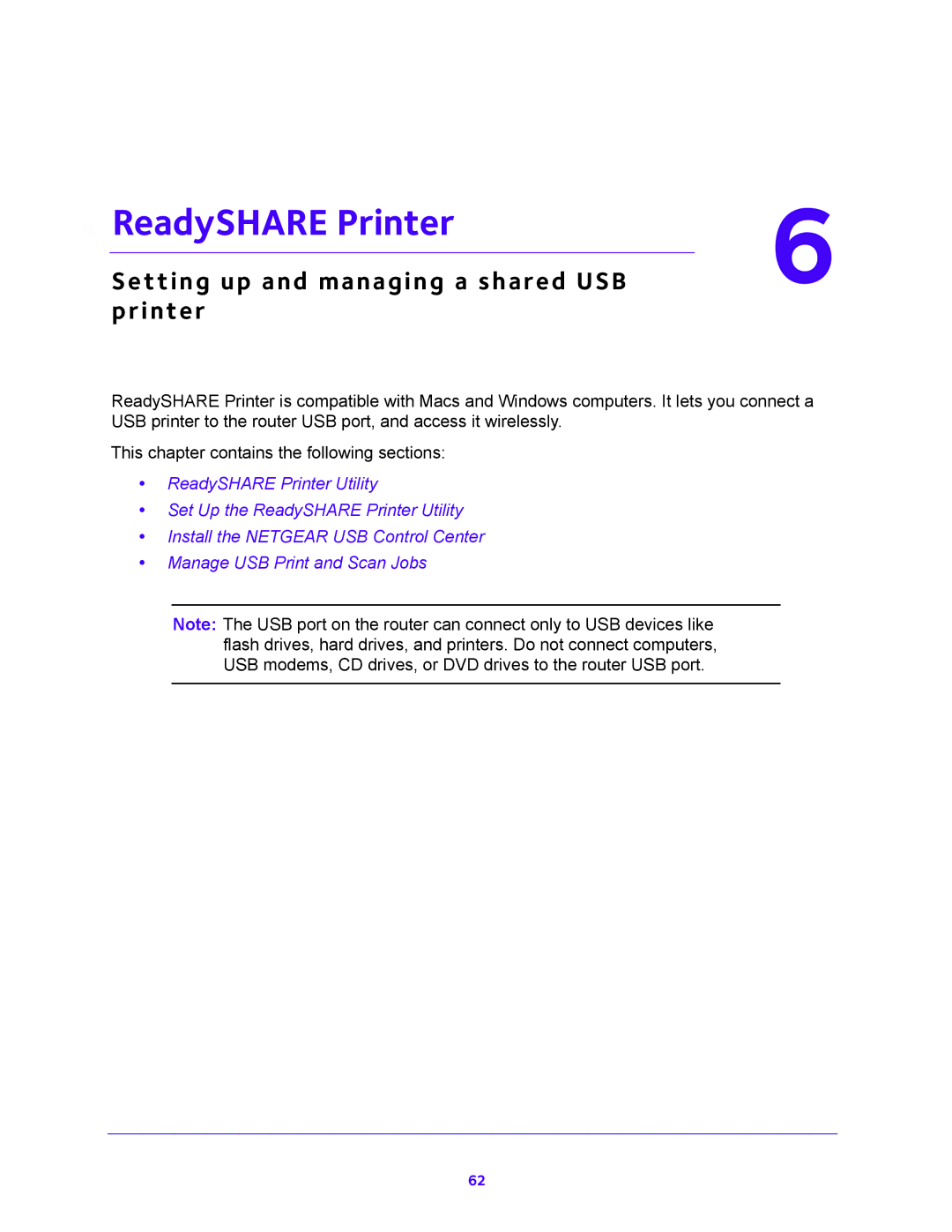 NETGEAR R6300v2 user manual ReadySHARE Printer, Setting up and managing a shared USB 