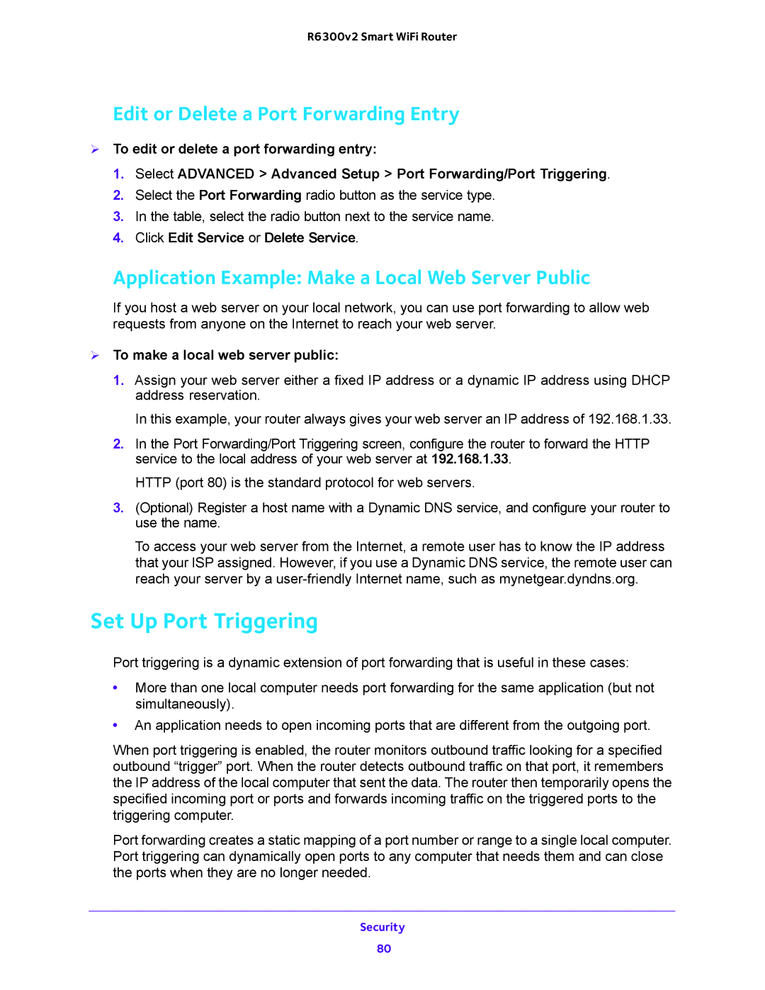 NETGEAR R6300v2 Set Up Port Triggering, Edit or Delete a Port Forwarding Entry, Click Edit Service or Delete Service 