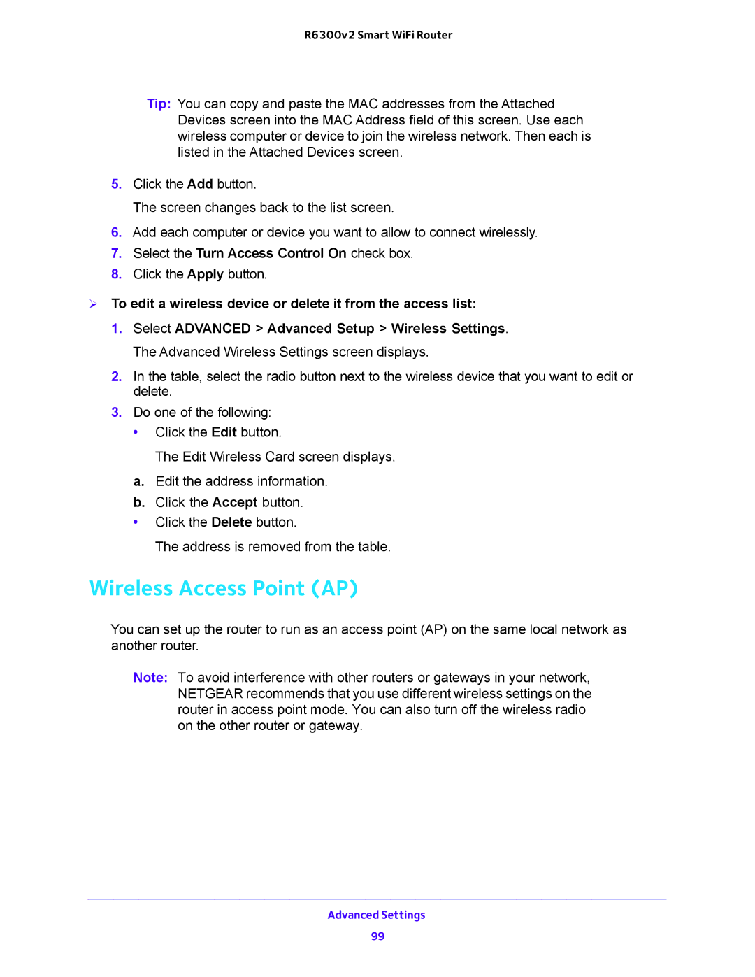 NETGEAR R6300v2 user manual Wireless Access Point AP, Select the Turn Access Control On check box 