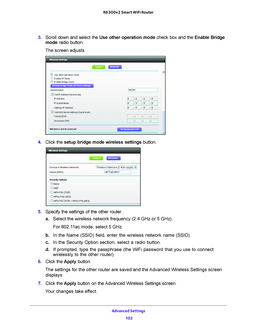 NETGEAR R6300v2 user manual Click the setup bridge mode wireless settings button 