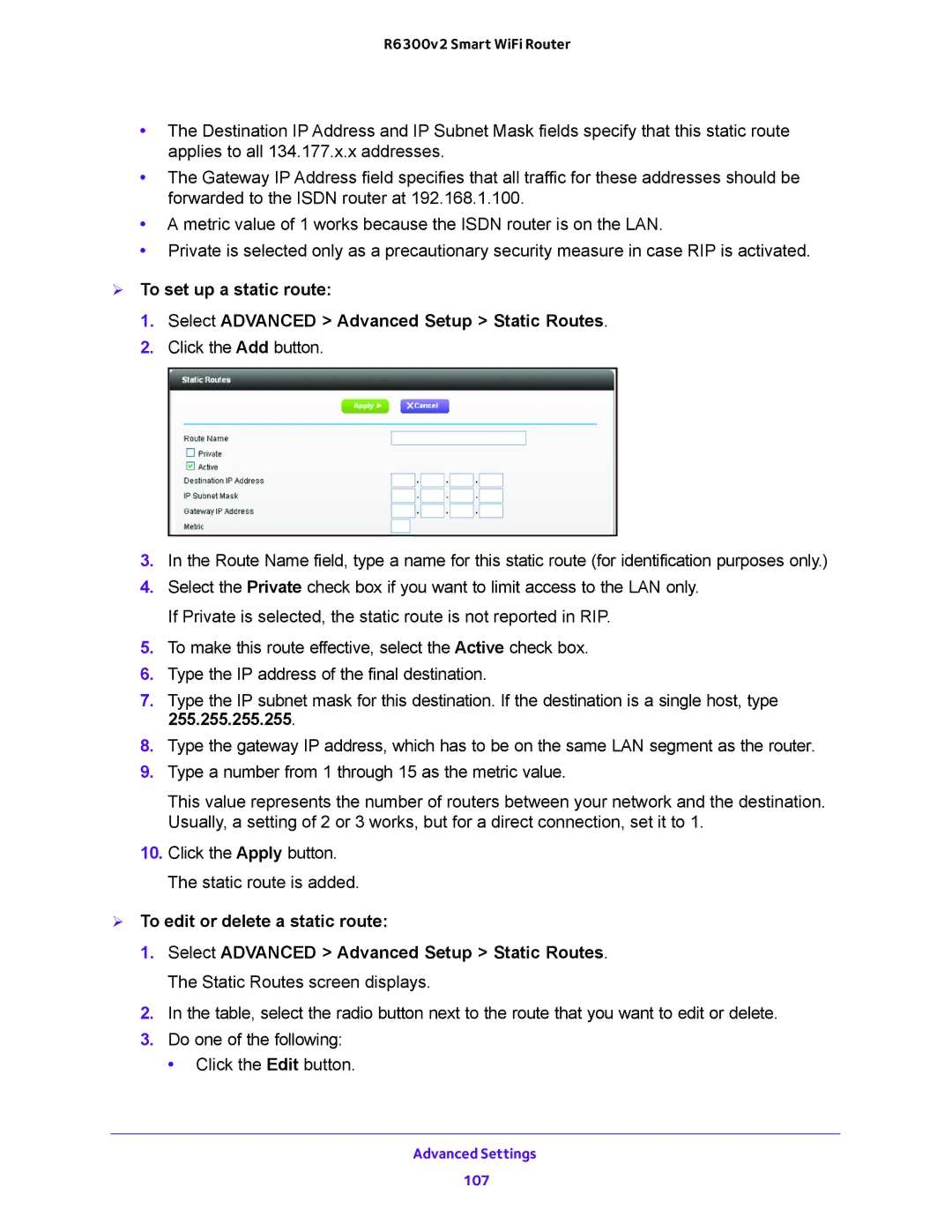 NETGEAR R6300v2 user manual  To set up a static route,  To edit or delete a static route 