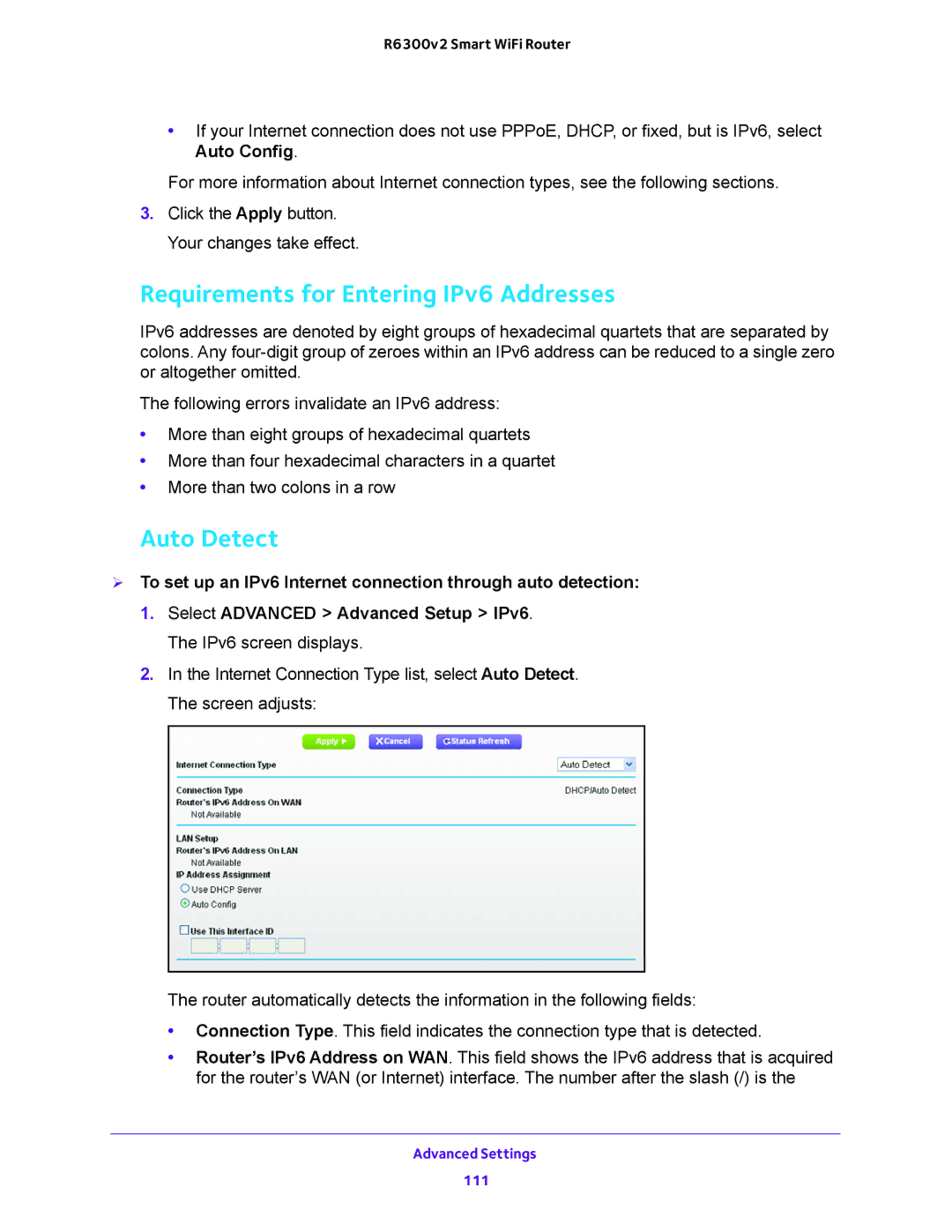 NETGEAR R6300v2 user manual Requirements for Entering IPv6 Addresses, Auto Detect 