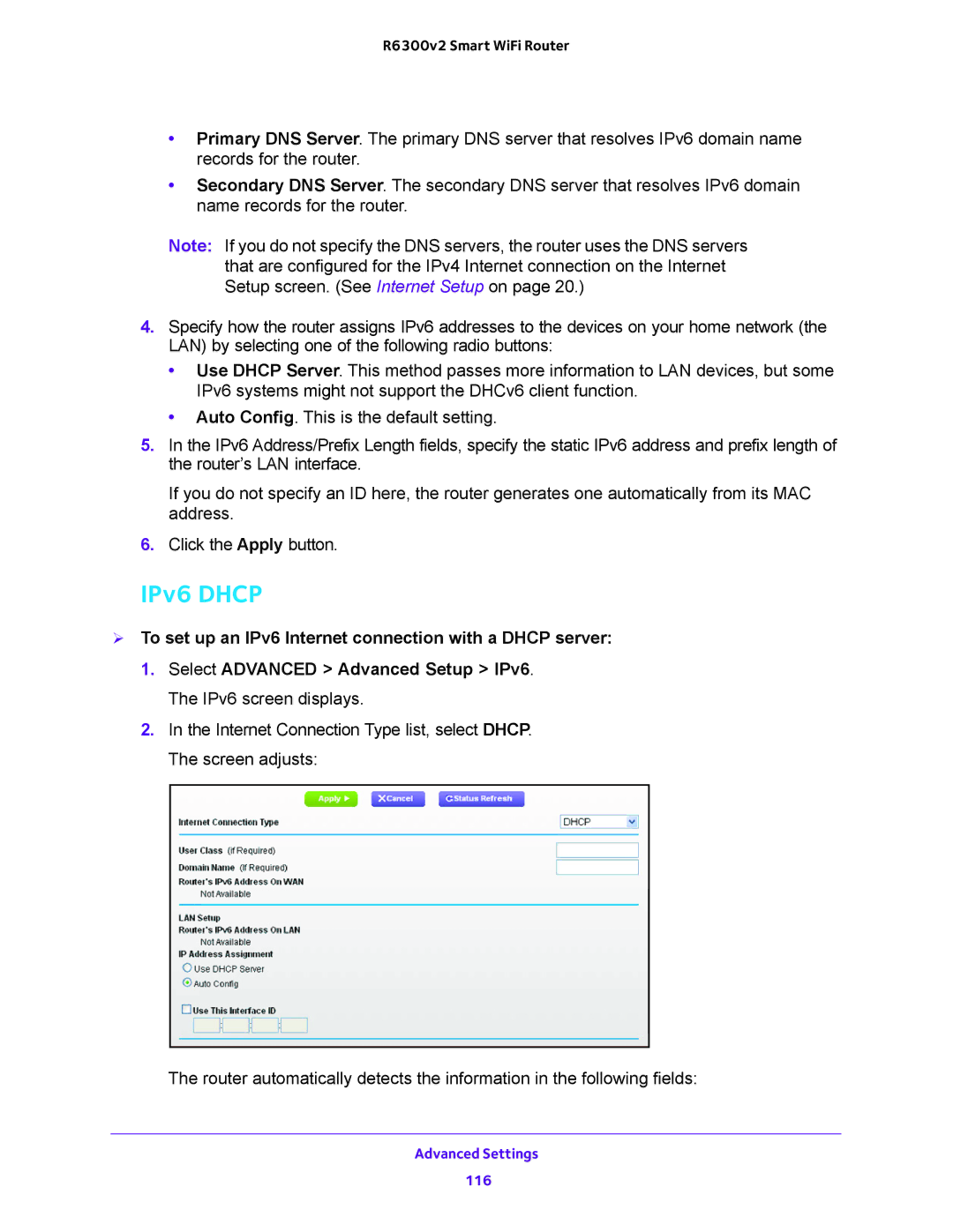 NETGEAR R6300v2 user manual IPv6 Dhcp,  To set up an IPv6 Internet connection with a Dhcp server 