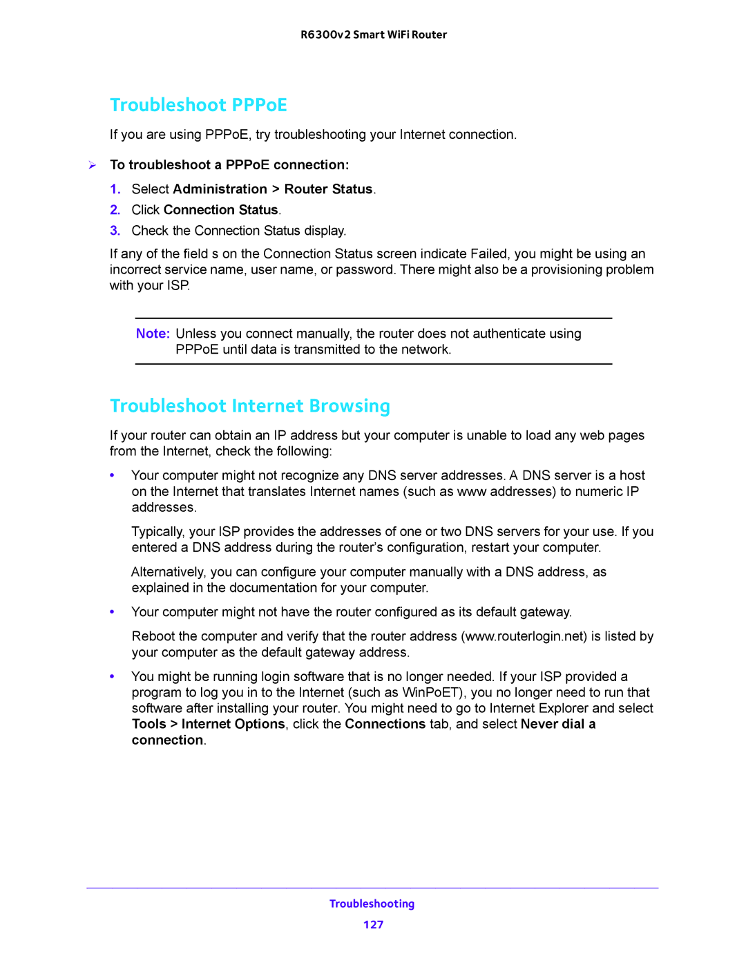 NETGEAR R6300v2 user manual Troubleshoot PPPoE, Troubleshoot Internet Browsing 