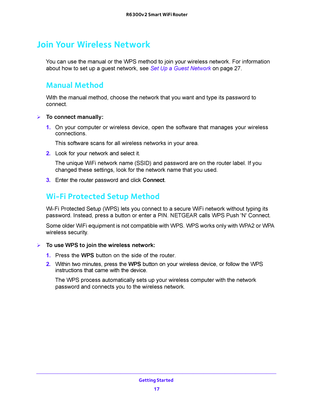 NETGEAR R6300v2 user manual Join Your Wireless Network, Manual Method, Wi-Fi Protected Setup Method,  To connect manually 