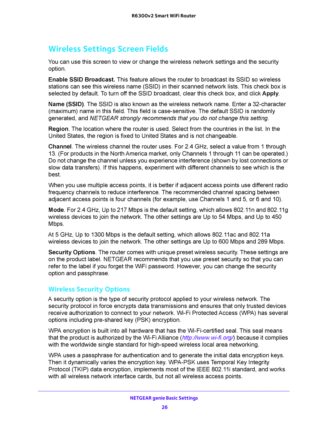 NETGEAR R6300v2 user manual Wireless Settings Screen Fields, Wireless Security Options 