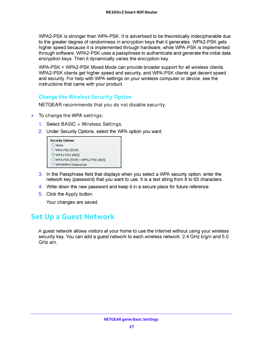 NETGEAR R6300v2 user manual Set Up a Guest Network, Change the Wireless Security Option 