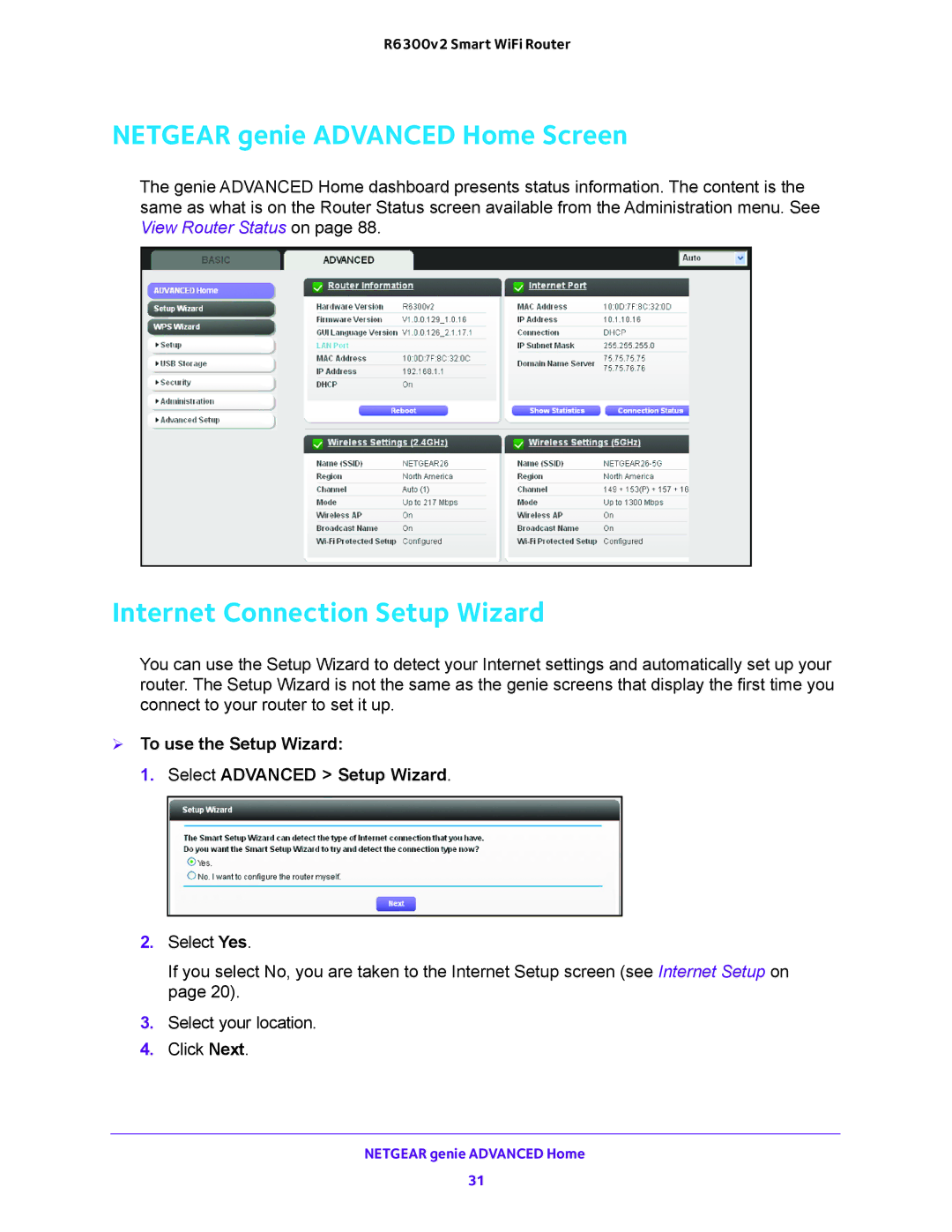 NETGEAR R6300v2 user manual Netgear genie Advanced Home Screen, Internet Connection Setup Wizard 