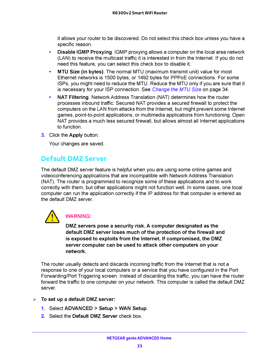 NETGEAR R6300v2 user manual Default DMZ Server 