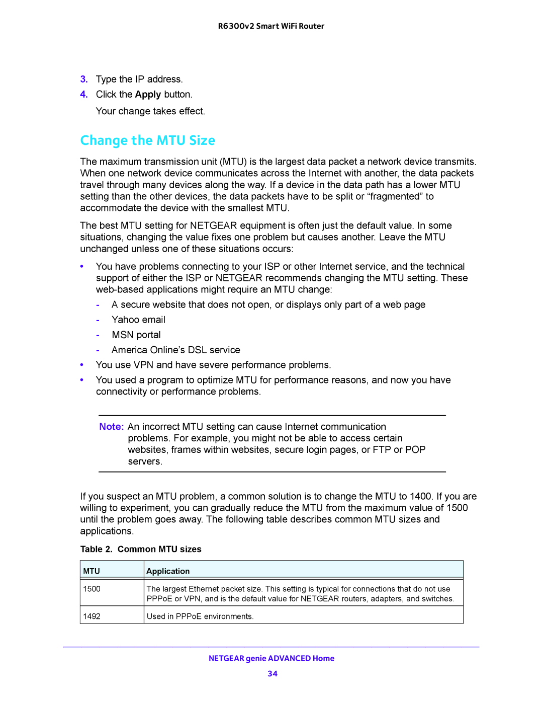 NETGEAR R6300v2 user manual Change the MTU Size, Common MTU sizes 