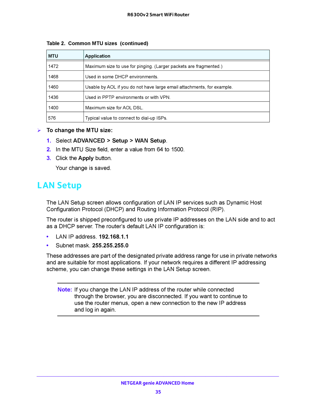 NETGEAR R6300v2 user manual LAN Setup,  To change the MTU size Select Advanced Setup WAN Setup 