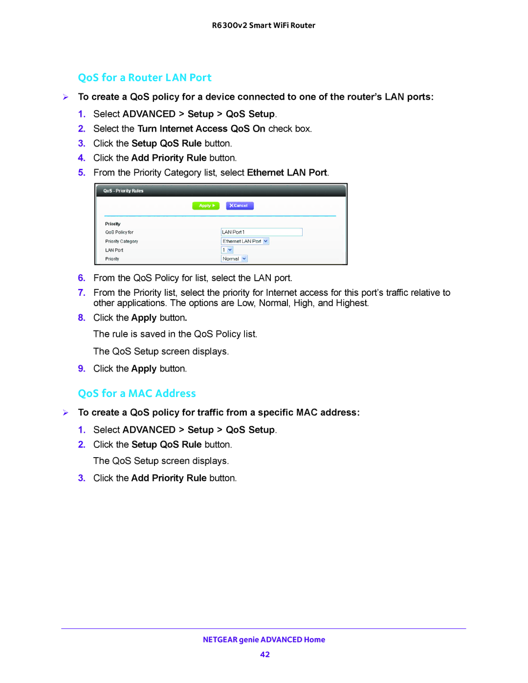 NETGEAR R6300v2 user manual QoS for a Router LAN Port, Click the Add Priority Rule button 