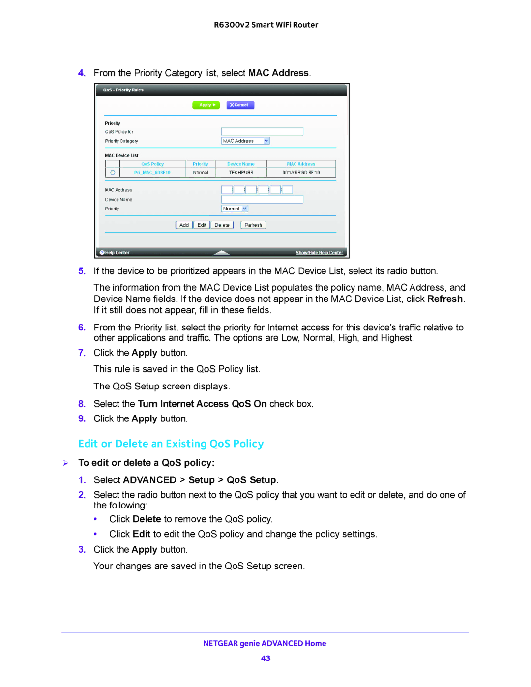 NETGEAR R6300v2 user manual Edit or Delete an Existing QoS Policy 