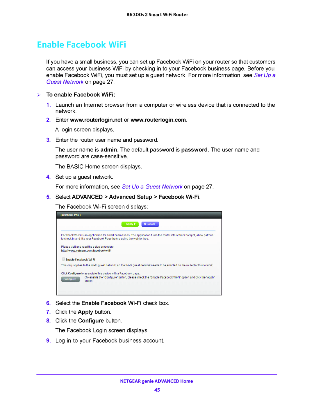 NETGEAR R6300v2 user manual Enable Facebook WiFi,  To enable Facebook WiFi, Select the Enable Facebook Wi-Fi check box 