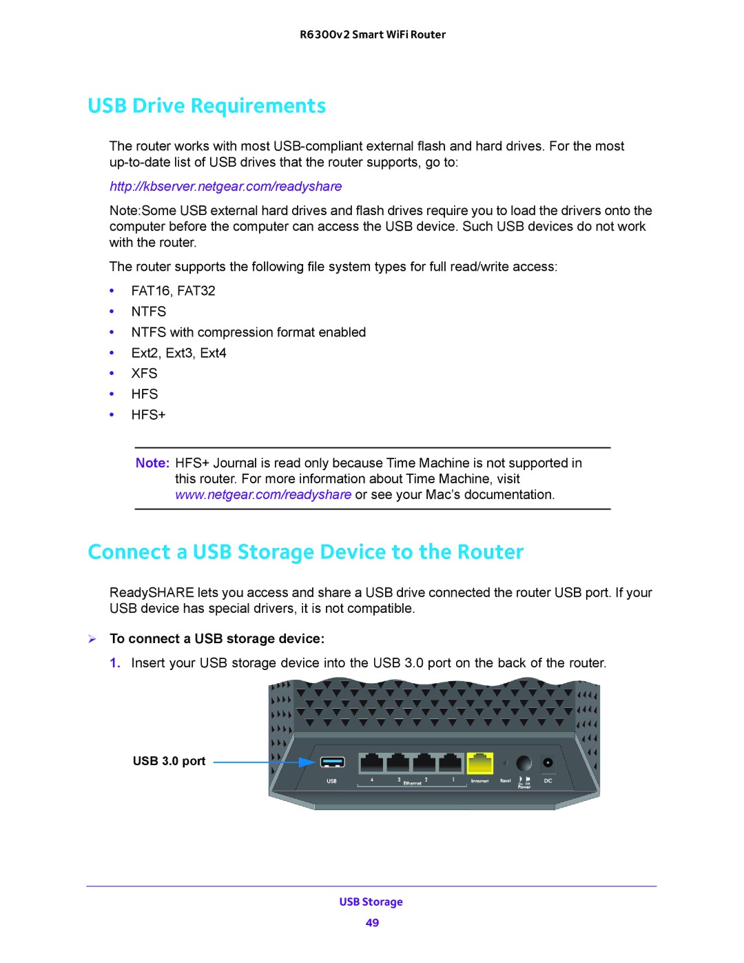 NETGEAR R6300v2 USB Drive Requirements, Connect a USB Storage Device to the Router,  To connect a USB storage device 