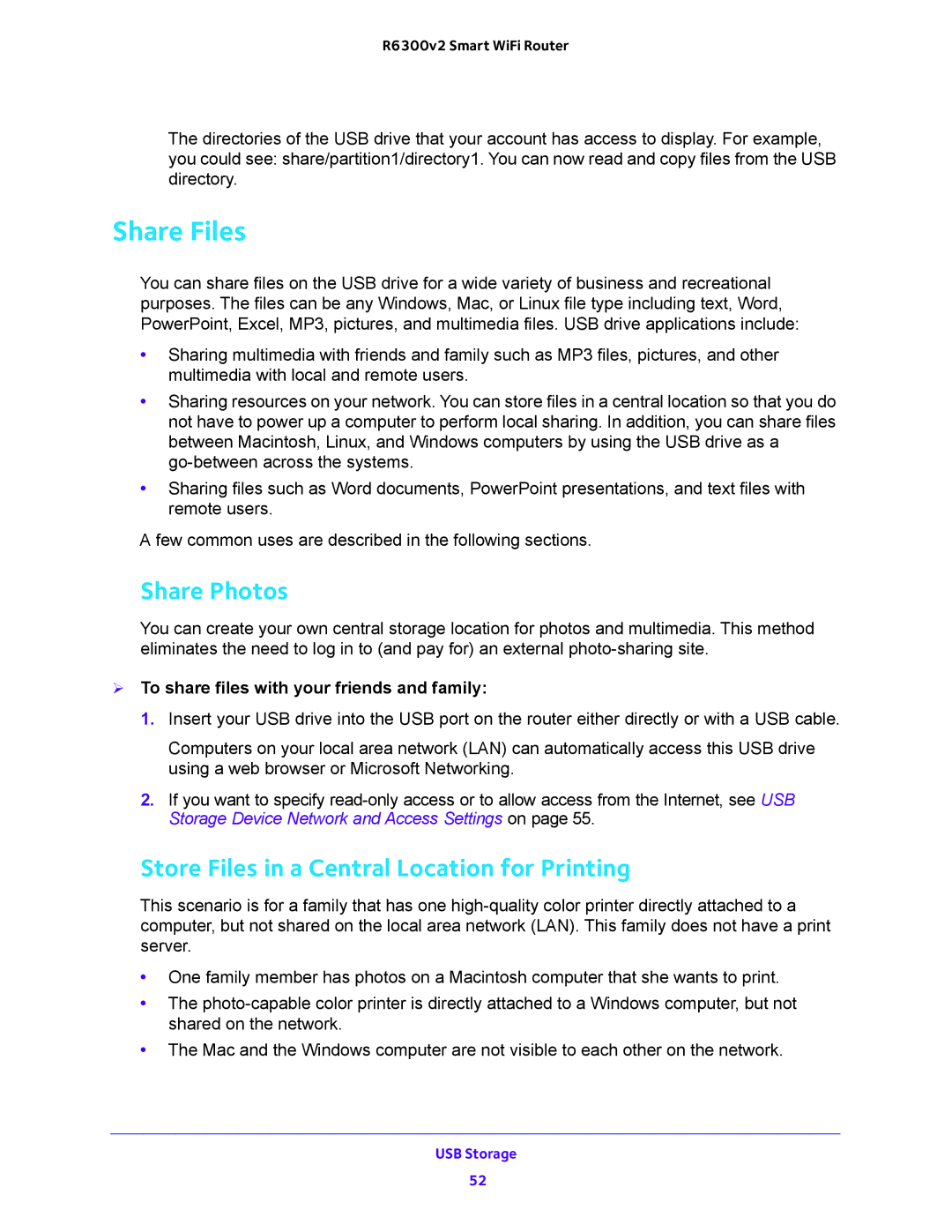 NETGEAR R6300v2 user manual Share Files, Share Photos, Store Files in a Central Location for Printing 