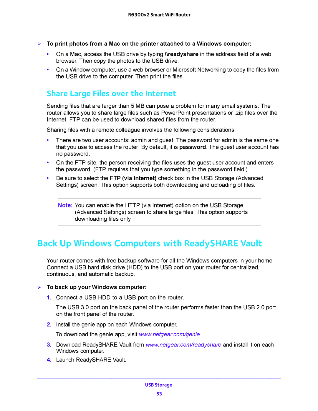 NETGEAR R6300v2 user manual Back Up Windows Computers with ReadySHARE Vault, Share Large Files over the Internet 