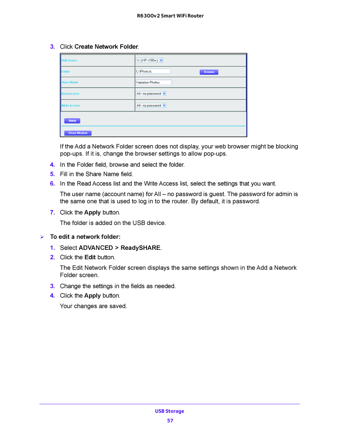 NETGEAR R6300v2 user manual Click Create Network Folder,  To edit a network folder Select Advanced ReadySHARE 