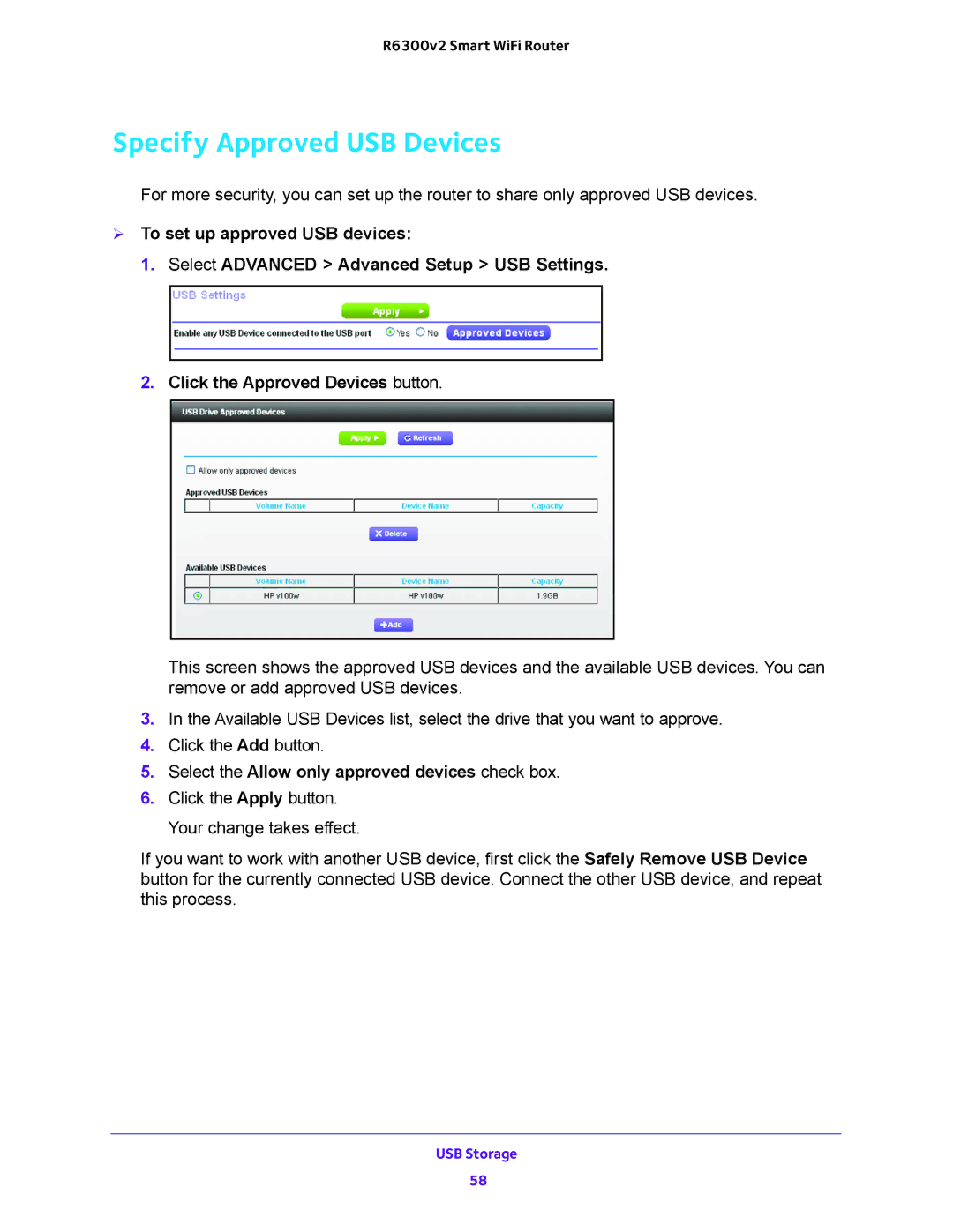 NETGEAR R6300v2 user manual Specify Approved USB Devices, Select the Allow only approved devices check box 