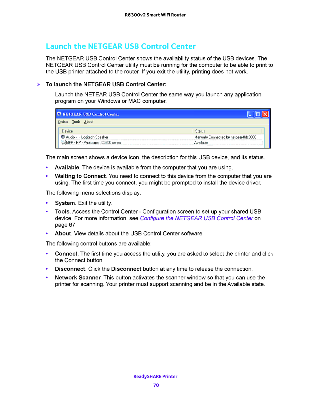 NETGEAR R6300v2 user manual Launch the Netgear USB Control Center,  To launch the Netgear USB Control Center 