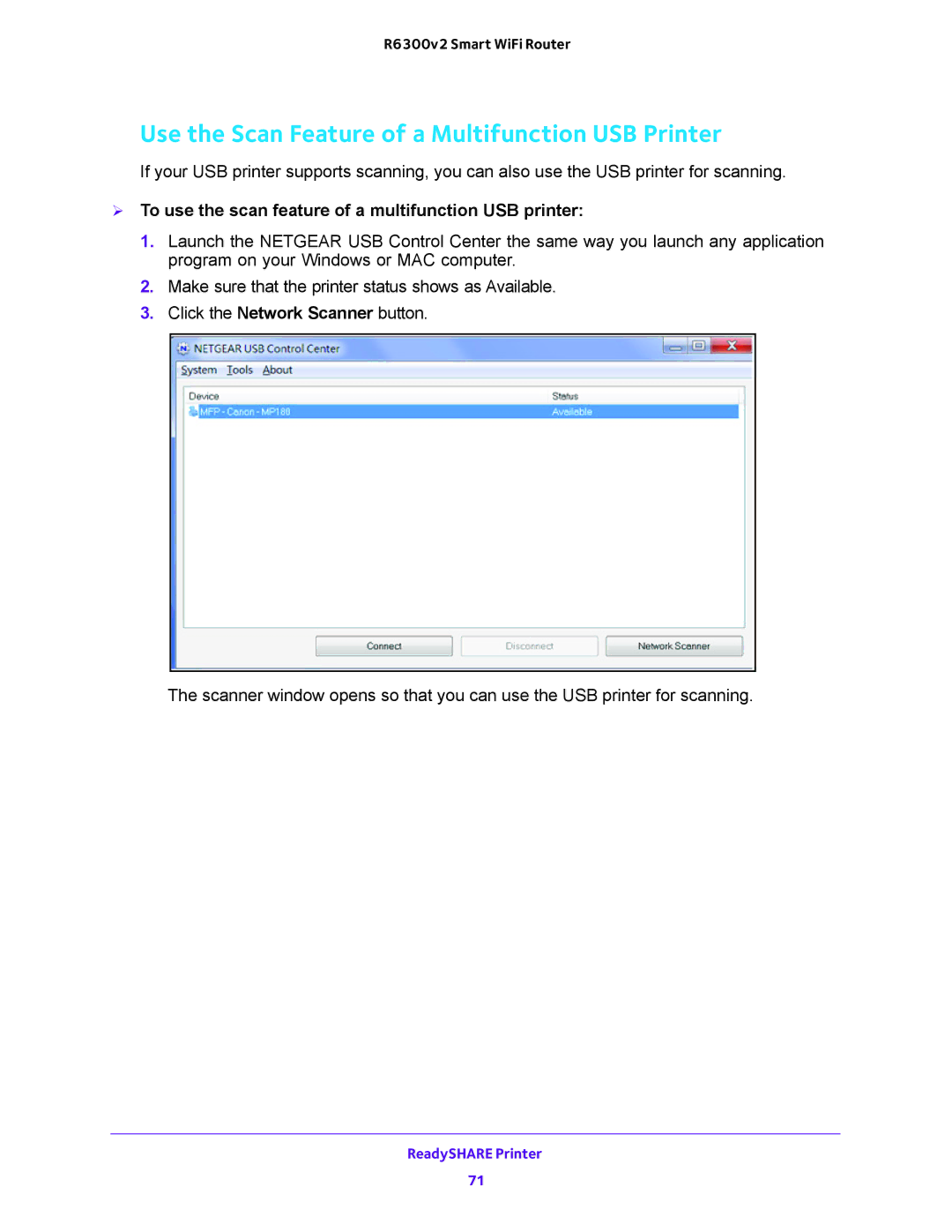 NETGEAR R6300v2 user manual Use the Scan Feature of a Multifunction USB Printer 