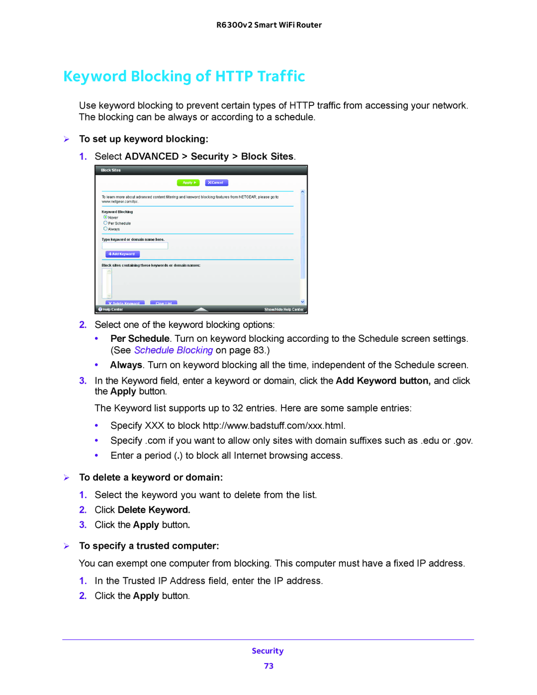 NETGEAR R6300v2 user manual Keyword Blocking of Http Traffic,  To delete a keyword or domain, Click Delete Keyword 