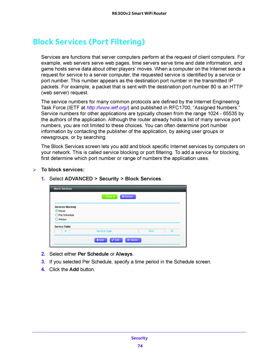 NETGEAR R6300v2 user manual Block Services Port Filtering 