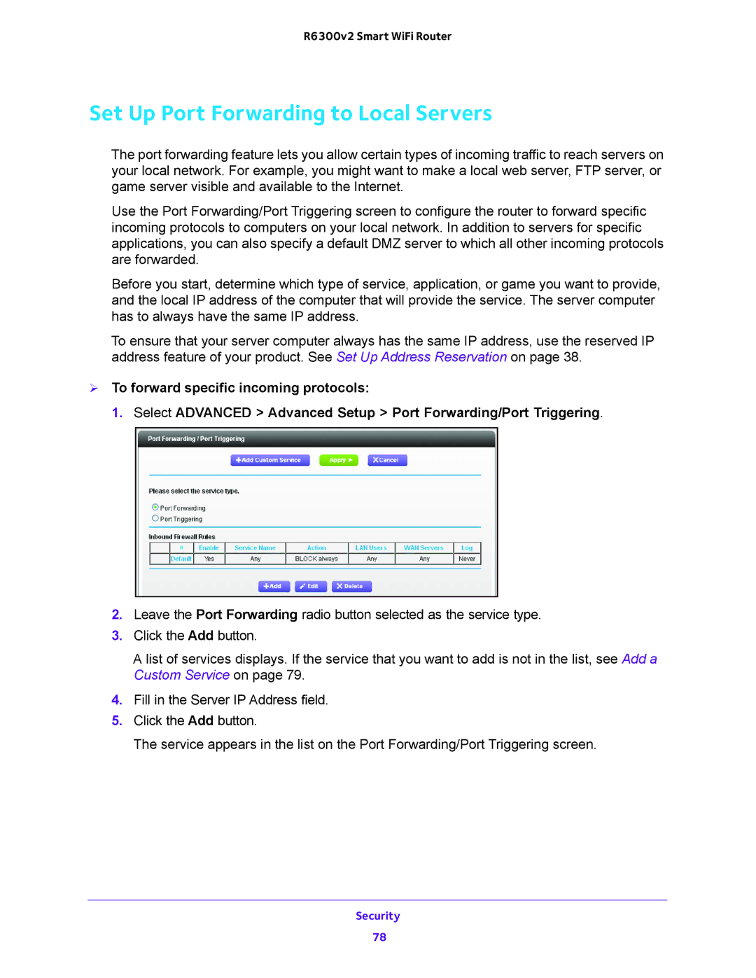 NETGEAR R6300v2 user manual Set Up Port Forwarding to Local Servers 