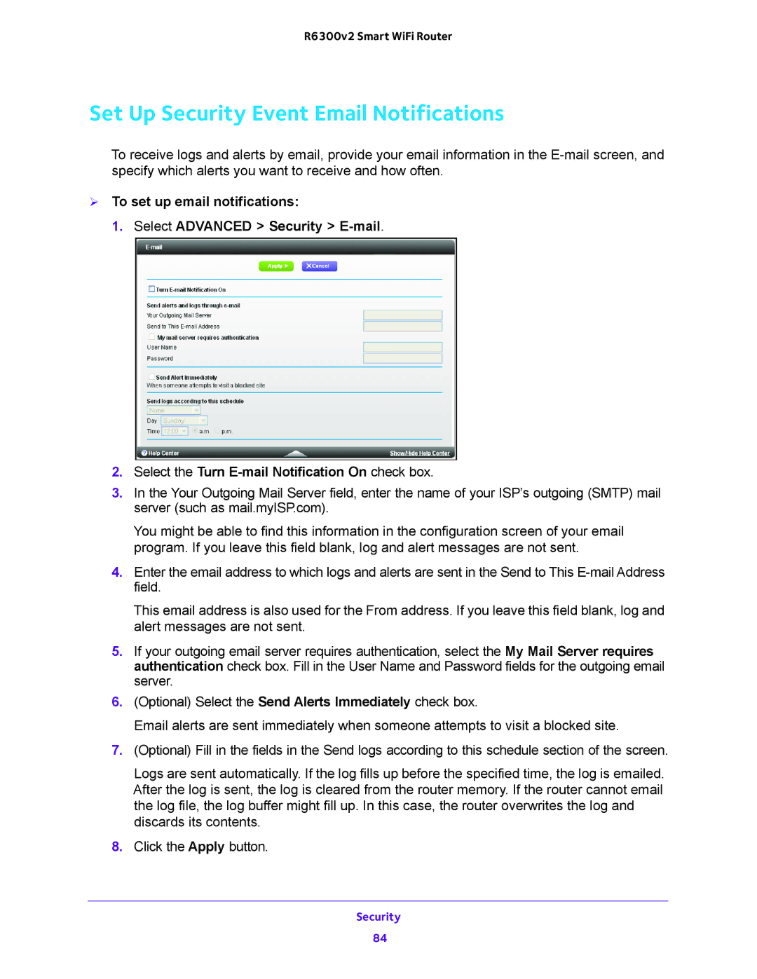 NETGEAR R6300v2 user manual Set Up Security Event Email Notifications 