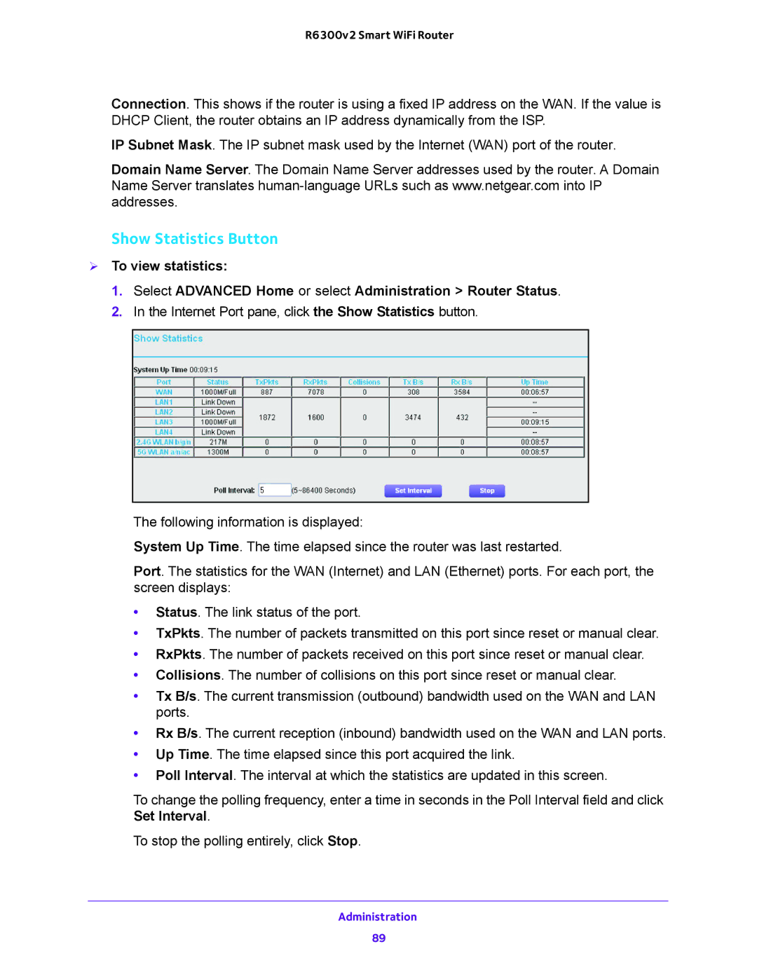 NETGEAR R6300v2 user manual Show Statistics Button 