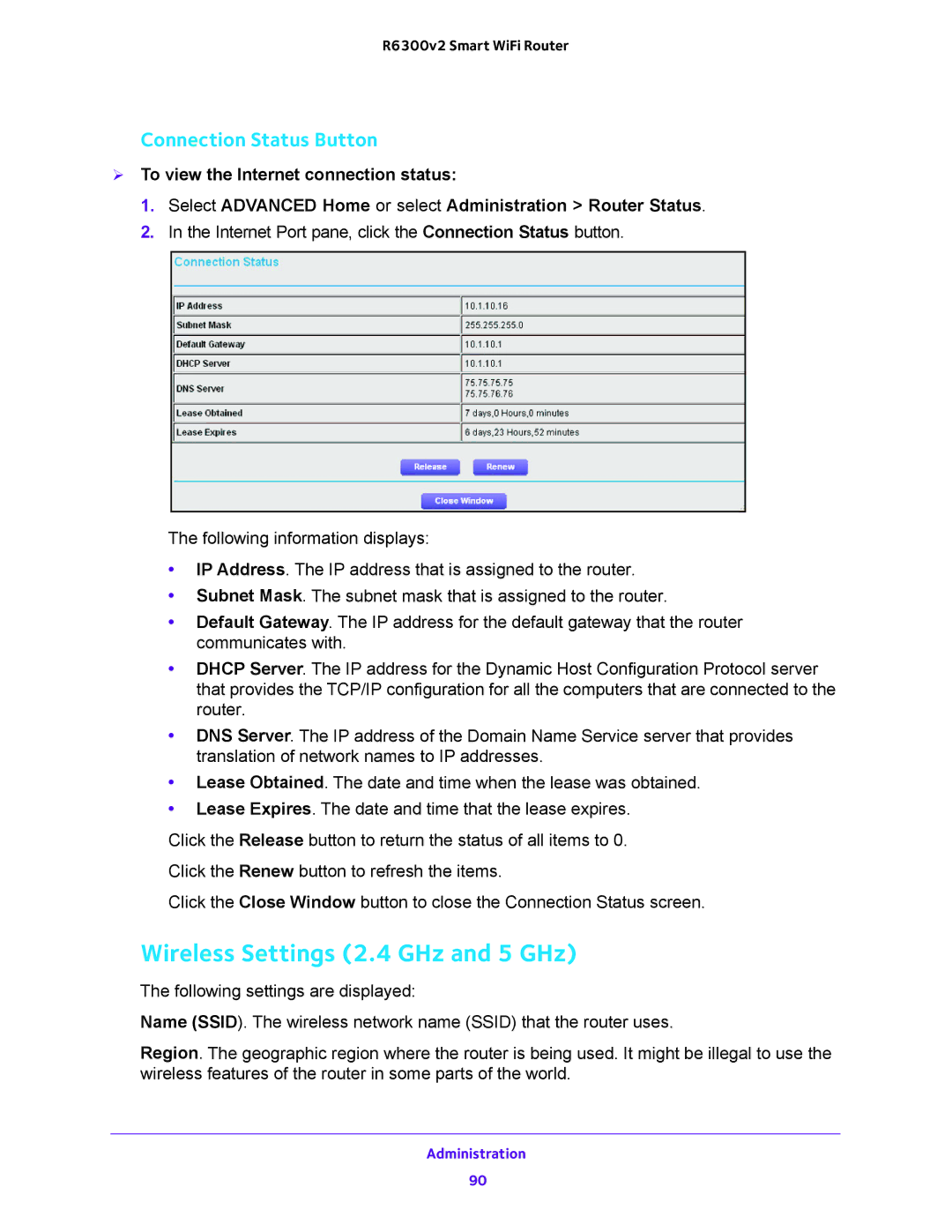 NETGEAR R6300v2 user manual Wireless Settings 2.4 GHz and 5 GHz, Connection Status Button 