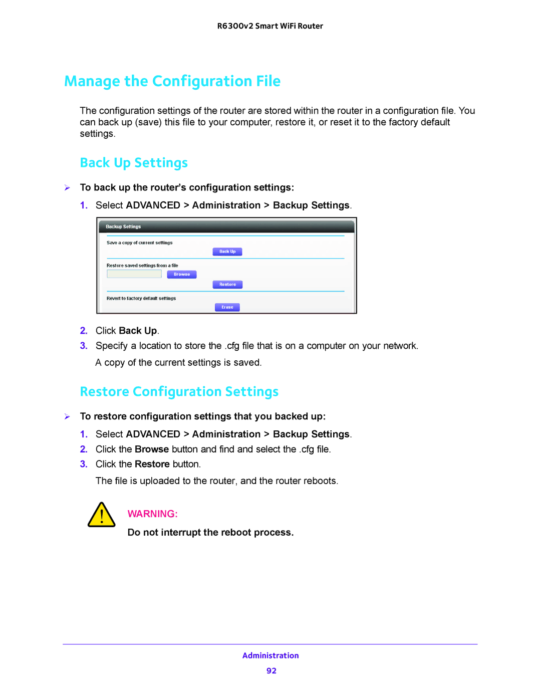 NETGEAR R6300v2 user manual Manage the Configuration File, Back Up Settings, Restore Configuration Settings 