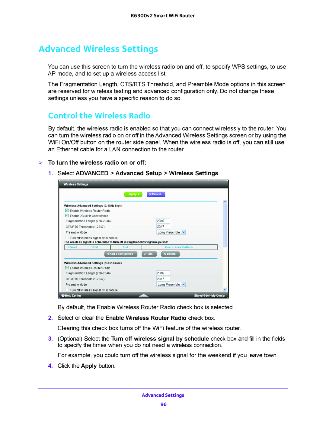 NETGEAR R6300v2 user manual Advanced Wireless Settings, Control the Wireless Radio 