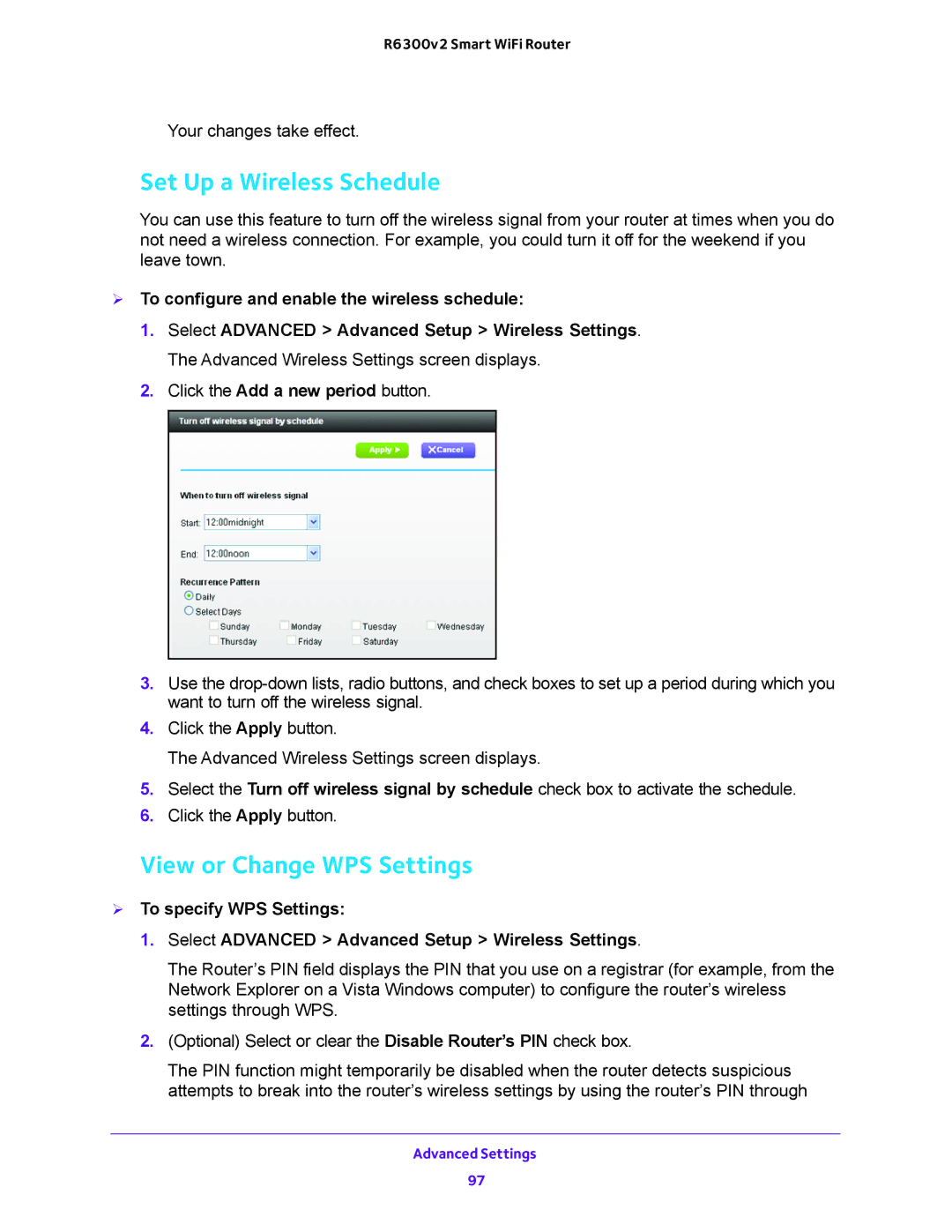 NETGEAR R6300v2 Set Up a Wireless Schedule, View or Change WPS Settings,  To configure and enable the wireless schedule 