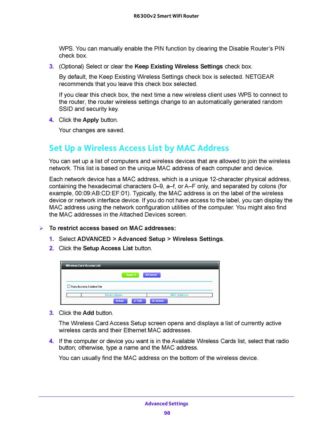 NETGEAR R6300v2 user manual Set Up a Wireless Access List by MAC Address 