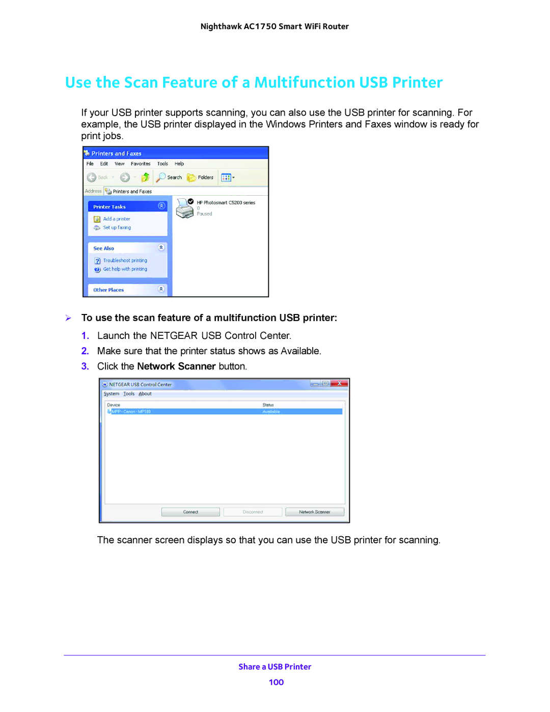 NETGEAR R6700 user manual Use the Scan Feature of a Multifunction USB Printer 